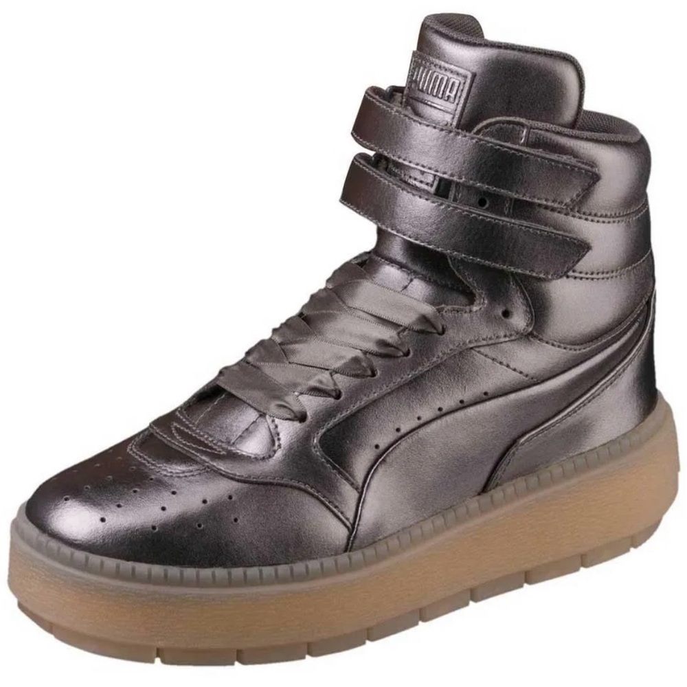 Puma Platform Trace Stmt 'Silver Mid-Top' satin laces with 2 Velcro straps